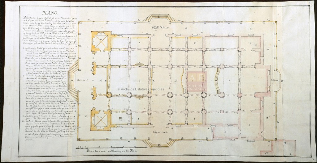 Figura 1. Catedral de Panamá, plano de 1749 por Nicolás Rodríguez. "Plano de la Santa Iglesia Cathedral de la Ciudad de Panamá, Capital del Reino de Tierra Firme ...: Demuéstrase su estado, en todo lo que se halla de color rojo estar ya construydo, y lo de color amarillo es lo que falta á su finalisación." (AGI).