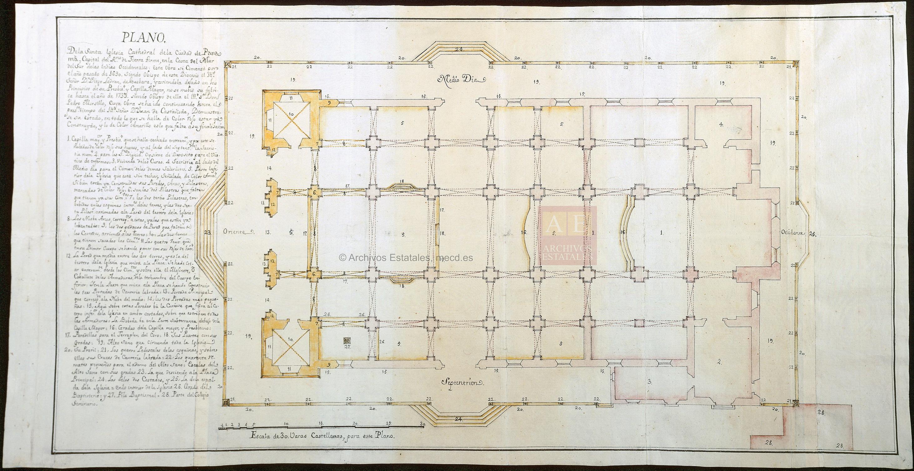 Figura 1. Catedral de Panamá, plano de 1749 por Nicolás Rodríguez. "Plano de la Santa Iglesia Cathedral de la Ciudad de Panamá, Capital del Reino de Tierra Firme ...: Demuéstrase su estado, en todo lo que se halla de color rojo estar ya construydo, y lo de color amarillo es lo que falta á su finalisación." (AGI).