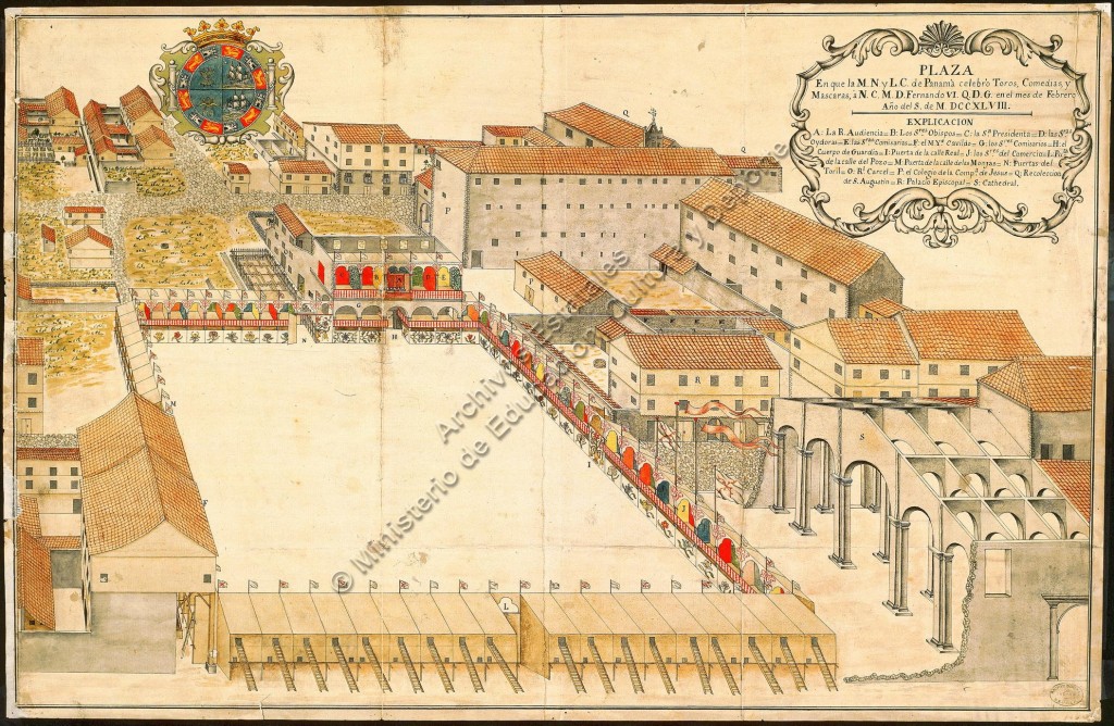 図 2. La plaza mayor de Panamá adornada para celebrar toros, comedias y máscaras en honor de Fernando VI en febrero de 1748. (AGI).